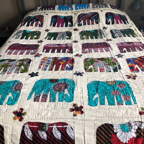 Hand Crafted Other - Indian Hand Stitched Quilt Patchwork Elephant Quilted Bedding Bedspread 106 x 86